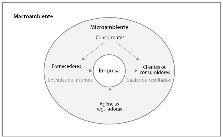 Descrição: a figura apresenta um retângulo, representando o macroambiente, e, dentro
                                        dele, há um círculo, representando o microambiente. Dentro desse círculo, ao
                                        centro, há um outro menor, no qual está escrito “empresa”. Ligados a esse
                                        círculo menor, há os componentes do microambiente, que são: concorrentes,
                                        fornecedores, agências reguladoras e clientes/consumidores.