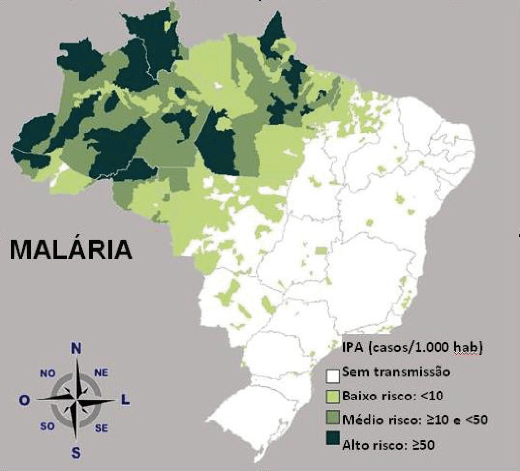 Mapa de risco da malária por município de infecção, Brasil, ano de 2011.